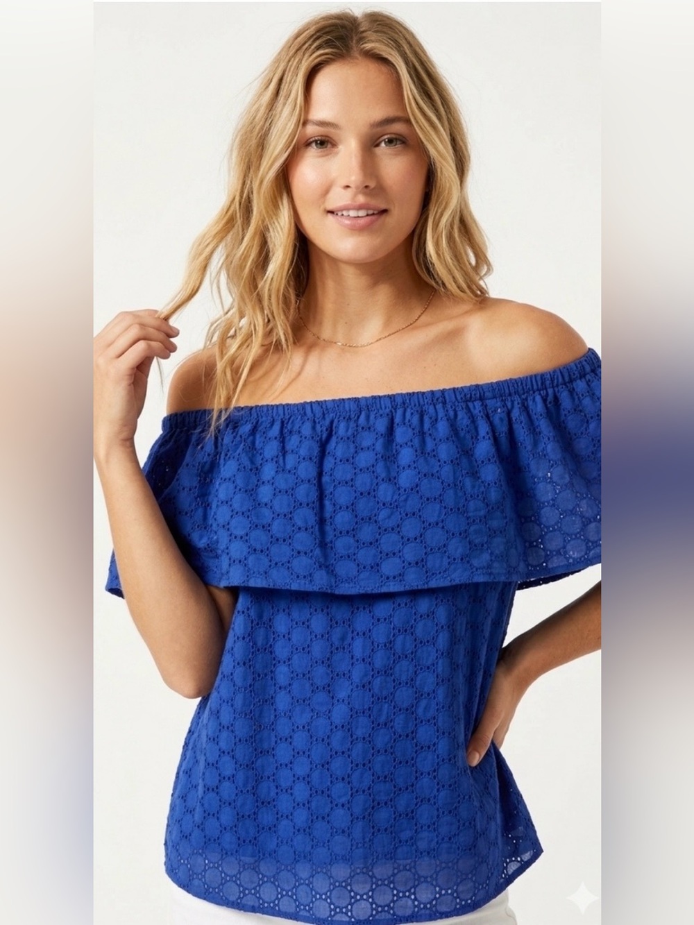 Calypso St Barth Off-Shoulder Eyelet Top in Cobalt Blue